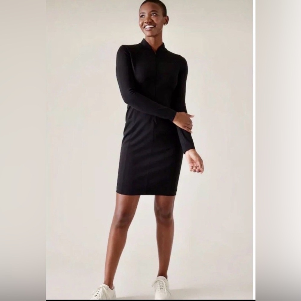 Athleta Delancey Dress Black Quarter Zip Long Sleeve Pockets Mini Dress Small